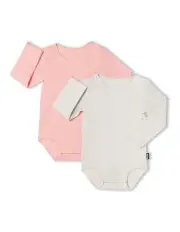 [Bonds] Wondercool Eyelet Long Sleeve Bodysuit 2 Pack in White Banksia/Pink