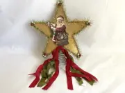 Bethany Lowe 8” STAR w/SANTA CLAUS & Ribbons Christmas TREE TOPPER