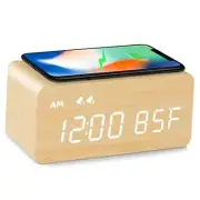 Digital Wooden Alarm Clock with Wireless Charging, 0-100% Dimmer, Dual Alarm,