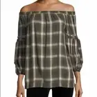 Max studio off shoulder Plaid Green Top Bell sleeve peasant top Neutral XS