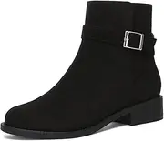 [Athlefit] Women's Ankle Boots Chunky Low Heel Fashion Round Toe Side Zipper Buckle Booties