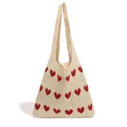Women Aesthetic Large Capacity Crossbody Bucket Bag Cute Heart Knitted Underarm Shoulder Bag Handbag for Travel School White