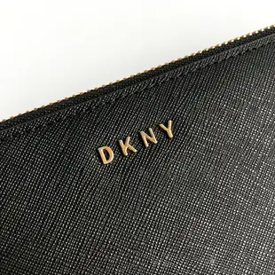 美國百分百【全新真品】DKNY 皮夾 長夾 手拿包 女包 皮革 錢包 證件 女包 精品 logo 深藍/黑色 I467