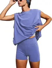 [Tiko Miko] Womens Workout Sets 2 Piece Outfits Oversized Top with Biker Shorts Active Lounge Sets Tracksuit