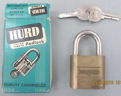 Hurd Padlock W/ Original Box & 2 Keys Heavy Bronze Avis Industries Detroit