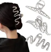 3 Pack Hair Claw Clips for Thick Long Hair, Silver Metal Wave Cross with Peal...