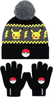 [Pokémon] Winter Warm & Comfy Beanie Hat & Gloves Set for Boys - Pikachu Design - Perfect for Boys 6-12 Years - Gift Set