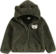 [Siyova] Baby Girl Boy Winter Fuzzy Coat 3D Bear Hooded Jacket Long Sleeve Zip-up Fleece Outerwear Newborn Winter Warm Clothes Cute, Army Green, 12-18 Months