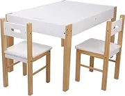 Keezi 3pcs Kids Table and Chairs, Children Study Set Drawing Eating Painting Learning Activity Play Centre Furniture Setting 2 Chair, MDF Hidden Desktop Storage Chalkboard Pine Wood Legs White