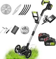 Cordless Electric Grass Trimmer with 115-145cm Telescopic Rod, 3 Blade Types, Removable Wheel, 2 * 1500mAh Batteries & Digital Display, for Lawn Care & Weed Pruning