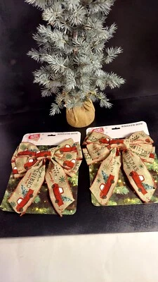 2 Red Truck Christmas Wire Edge Ribbon Bows/Tan Burlap 2 Streamers NEW In Pkgs.