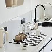 Ohocut Checkered Dish Drying Mat for Kitchen Counter, Coffee Bar Station Accessories, Retro Cute Aesthetic Modern Absorbent Drainer Mat Kitchen Drying Mat Easy Clean, Black 16" x 24"