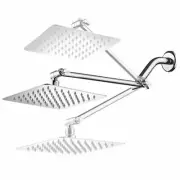 Chrome 12” Square Rainfall Shower Head Stainless Steel Adjustable Extension Arm