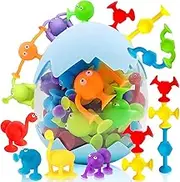 27 PCS Suction Toy Set Suction Cup Toys, Montessori Silicone Building Blocks Bath Suction Toys, Portable Dinosaur Eggshell Storage Sensory Sucker Toys for Kids Boys Girls