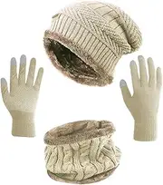 [HINDAWI] Winter Hat Scarf Gloves Slouchy Beanie Snow Knit Skull Cap Touch Screen Mittens Circle Scarves for Women, Hat+scarf+gloves (Light Grey), One Size-Medium