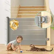 Retractable Baby Gates No Drill for Stairs Doorways with Auto-Lock, 33" *55" Mesh Baby/Dog/Pet/Cat Gate Safety Double Locking, Punch-Free Durable Child Safety Gate for Hallways Kitchen Indoor/Outdoor