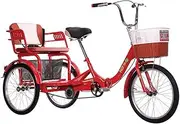 3 Wheels Adult Tricycle Foldable with Back Seat Basket Double Trike Bicycle for Seniors Single Speed Three-Wheeled Cruiser Bike Adjustable Height Red Cycling Pedalling