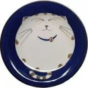 Blue Round Porcelain 8.5 inch Plate Maneki Neko Cat Made in Japan