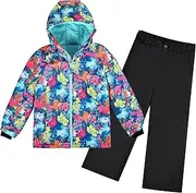 [ODYSSEY-REFUGE] Luna Girls' Snowsuit with Hood, Waterproof Ski Suit, Windproof Winter Suit, Blue flowers, 116-122