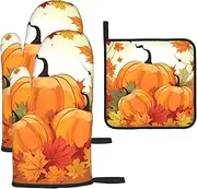3 pcs Oven Mitts and Pot Holders Set 500°F Heat Resistant Oven Gloves and Hot Pads Kitchen Mittens Autumn Pumpkin Maple Leaves Cooking Gloves Potholders for Baking Grilling