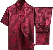 [NTWSHS] Chinese Clothing Men's Martial Arts Kung Fu Short Sleeve Tang Suit Tops,Tai Chi Uniform Tang Suit Men Chinese Training Clothing Short Sleeved Pants Coat(Red,XX-Large)