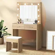 Oikiture Dressing Table with Mirror, Makeup Table with Mirror and Chair Storage Desk Set Natural Wood
