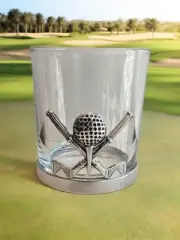 New MCM Metal Golf Club Golf Ball Man Cave Scotch Whiskey Glass Tumbler