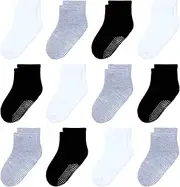 [HYzgb] 12 Pack Non Slip Kids Toddler Baby Socks with Grips for 1-7 Years Boys Girls Cotton Crew Socks Multi Colors