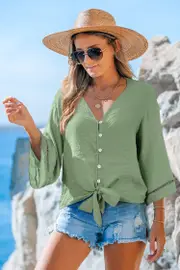 Cupshe Aqua Button Front Knotted Top - Aqua,L