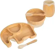 Tiny Dining Baby Feeding Set - Elephant - Beige - 5pc - Divided Non-Slip Bamboo Self-Feeding Baby Weaning Plate, Bowl, Drinking Cup, Fork & Spoon for Babies, Toddlers, Children
