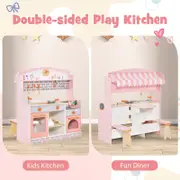 Costway 2 in 1 Kids Pretend Playset Kitchen Toy Wood Role-Play Cooking Set w/Cookware kidren Gift Pink