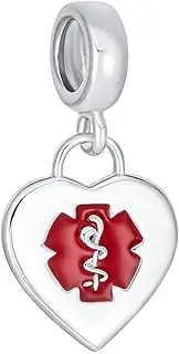 [Bling Jewelry] Personalize Heart Shape Medical ID Dangle Bead Charm For Women For Teen .925 Sterling Silver Fits European Bracelet Customizable