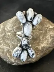 White Buffalo Turquoise Navajo Sterling Silver Cluster Ring Size 6.5 18623