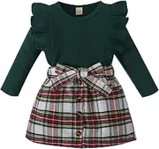 [Noubeau] Toddler Baby Girls Plaid Outfits Knit Ribbed Sweatshirt Shirt Tops Red Plaid Belt Skirt Fall Winter Clothes