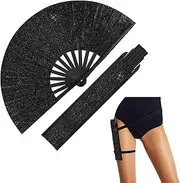 Ripeng 13" Glitter Large Rave Folding Hand Fan Clack Rave Fan for Women with Leg Strap and Fabric Case Bag for Dance, Edm