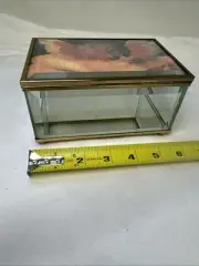 Vintage Beveled Glass Mirrored Footed Brass Tone Jewelry Box w Raphael Cherub