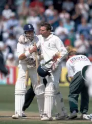 England batsmen Michael Atherton with Alec Stewart holding st- Old Cricket Photo