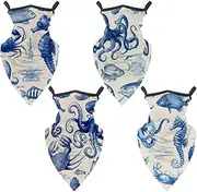 [Diusye] 4 Pcs Neck Gaiter Face Cover Bandana Scarf, Marine Octopus Seahorse Fishes