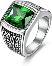 [MASOP] Jewelry Men's Stainless Steel Wide Identify Ring Green Emerald Color Square Stone