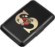 [Simikol] Hard Shell Card Holder Initail Letter Rose Flower Credit Card Case RFID Blocking Mini Wallet for Women and Girls, Letter S, S
