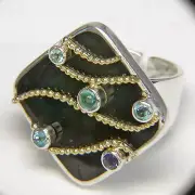 Offerings Sajen Black Shell, Apatite, Swiss & London Blue Topaz, Iolite Ring Sz8