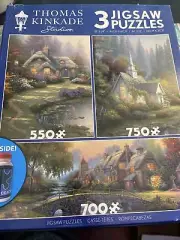Thomas Kinkade Studios 3 Jigsaw Puzzles Bonus Puzzle Glue Bottle NEW Ceaco