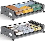 Under Bed Storage with Wheels and Lid, 2-Packs, 50L Large Capacity, Underbed Storage Organizer with Zippers, Rolling Drawers for Dorm Bedroom Clothes Shoes Blankets Toys, Space Saving, Easy Pull out