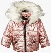 New Baby Girl Urban Republic Metallic Pink Jacket Coat White Fur Collar Size 18M