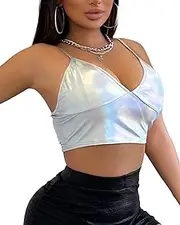 [VENDAU] Women's Metallic Crop Top Rave Bra - Shiny Partywear, Sexy Rave Clubwear Sports Bra for Dance Festivals Costumes