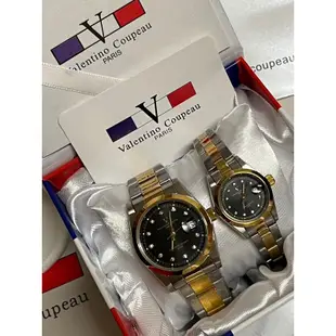 【天龜】Valentino Coupeau  范倫鐵諾 黑面晶鑽雙色帶不鏽鋼殼帶防水男女手錶