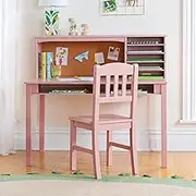 Guidecraft Children’s Media Desk and Chair Set – Pink: Student's Study Computer Workstation with Hutch and Shelves, Wooden Kids Bedroom Furniture