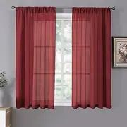 Tollpiz Short Sheer Curtain Living Room Linen Textured Curtains Sheer Light Filtering Voile Rod Pocket Curtain for Bedroom, 38 x 54 inches Long, Burgundy Red, Set of 2 Panels