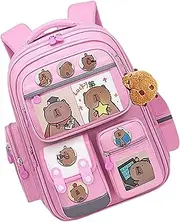 [Generic] Capybara School Bag - Cute Animal Schoolbag -Multi-Compartment Bag with Cards Badges Bag Charm, School Supplies for Boys Girls