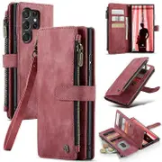 CASEME C30 Series Compatible For Samsung Galaxy S23 Ultra PU Leather Case 10 Card Holder Slots Zipper Pocket Stand Phone Cover Red